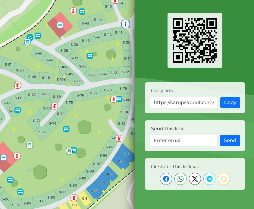 Karta kampa uz panel za dijeljenje: QR kod, kopiranje poveznice i slanje e-poštom.
