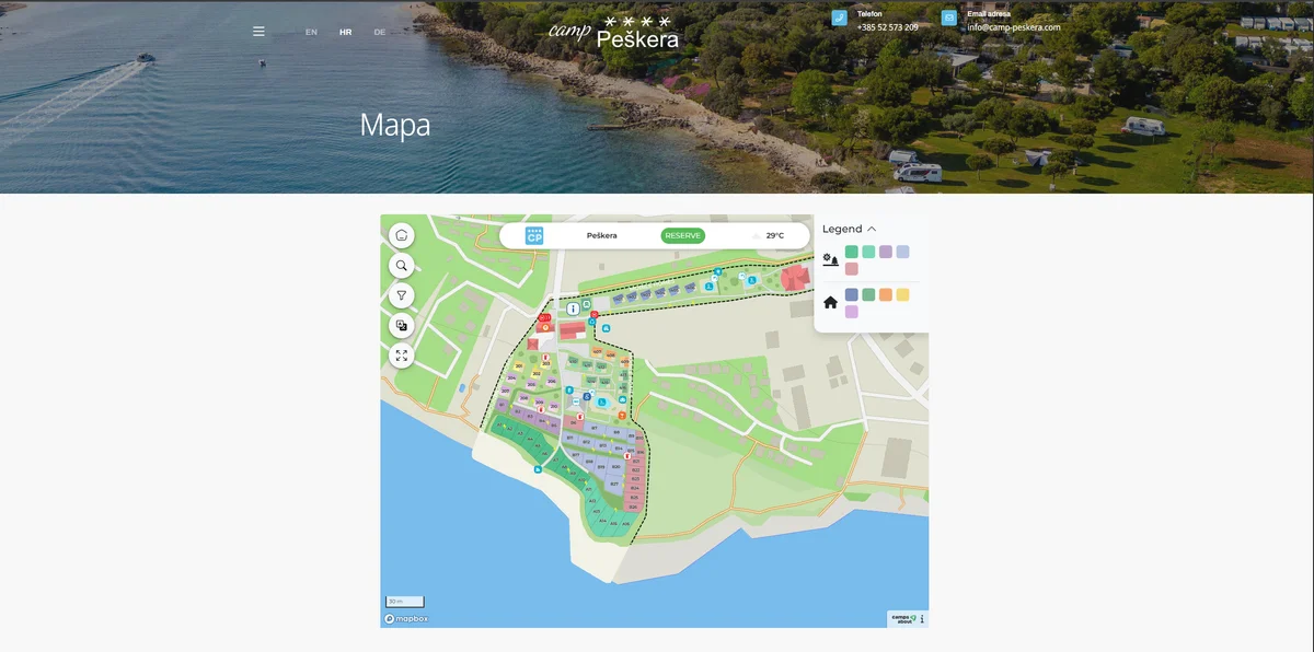 Interaktivna karta ugrađena na web-stranicu kampa Peškera, s legendom i alatima za pretragu.